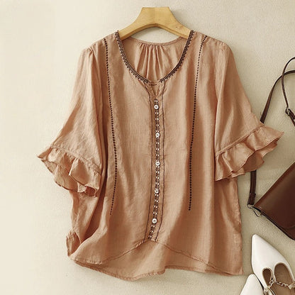 aria | embroidered ruffle sleeve blouse brown