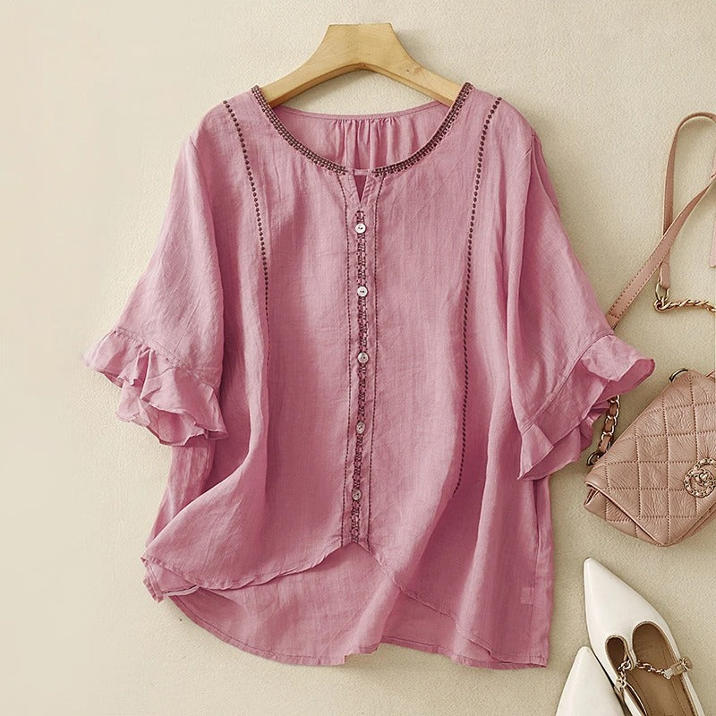 aria | embroidered ruffle sleeve blouse pink