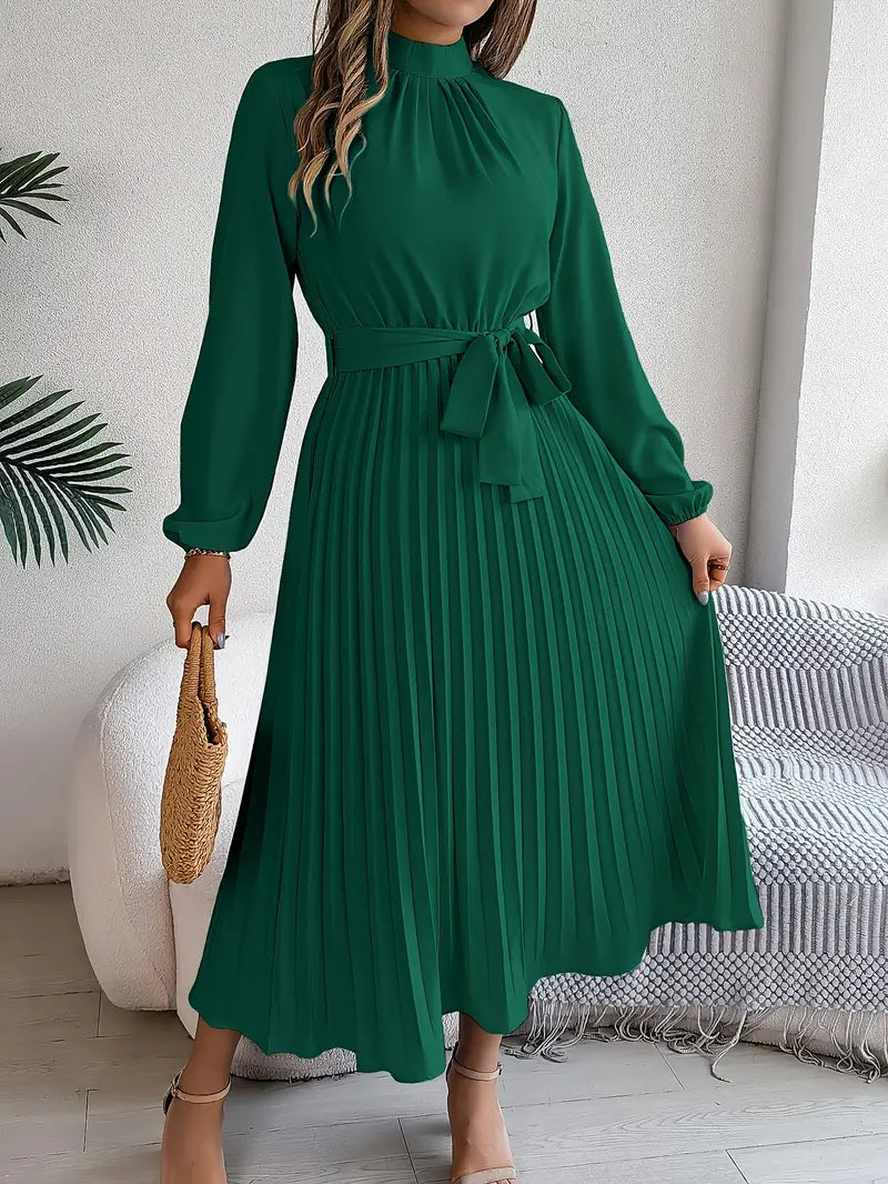 indira | long sleeve pleated belted midi dress green