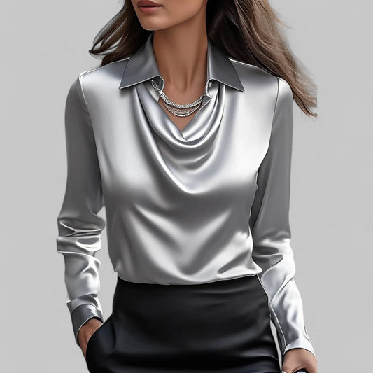 Leanne | Draped Neck Satin Blouse for Effortless Elegance