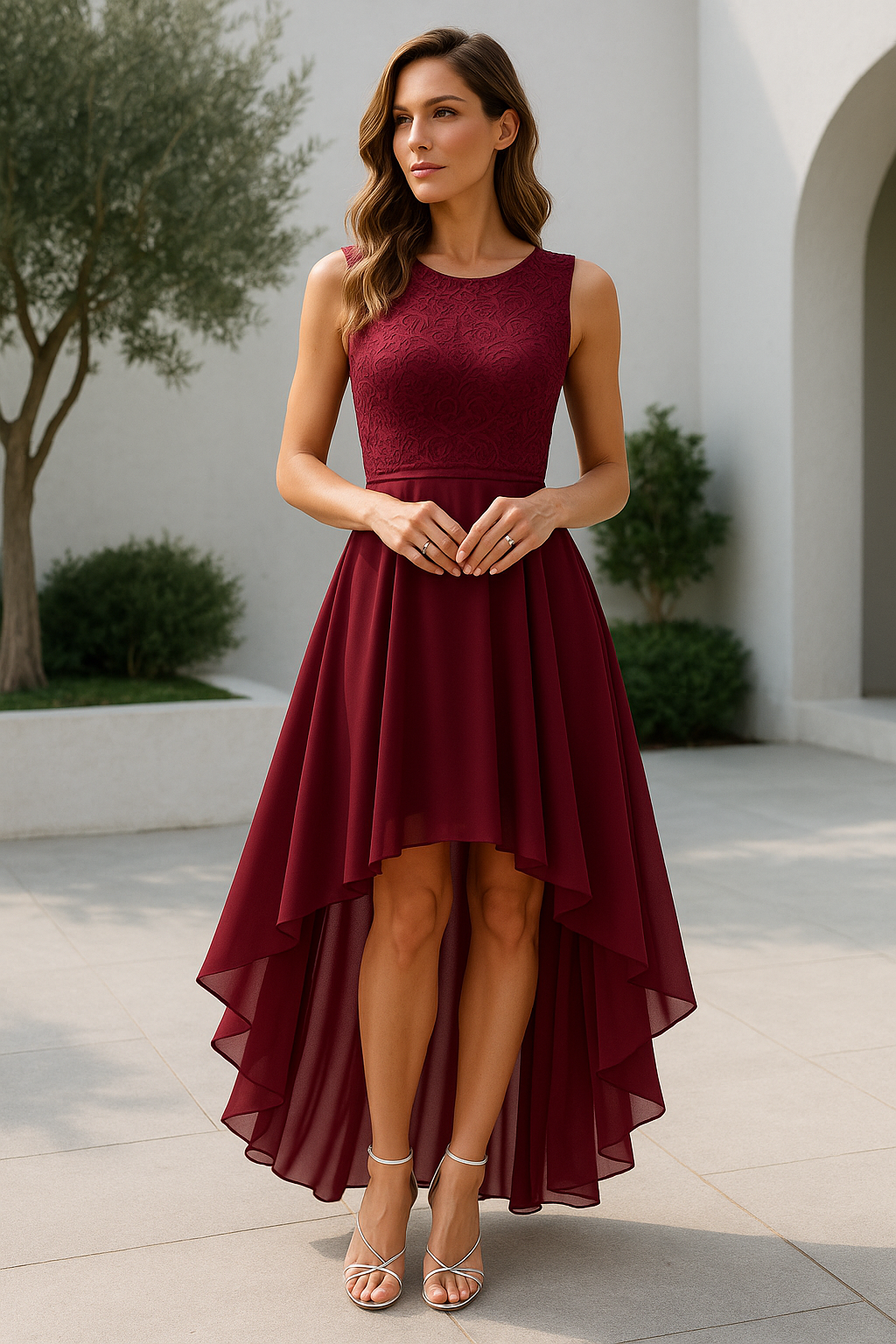 auresta | high-low wedding guest dress deep red