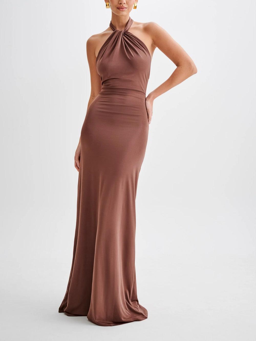daisy | halter maxi dress with ruched detail brown