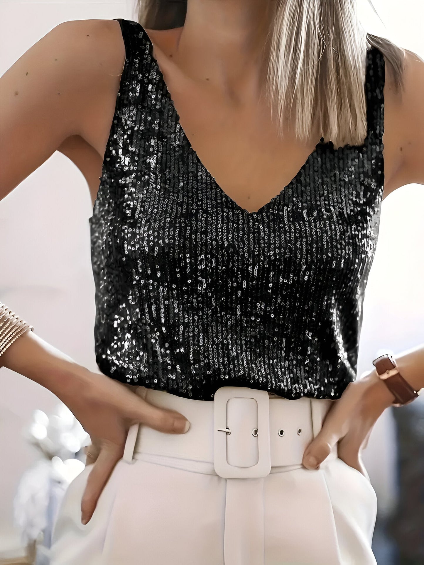Amber | Sleeveless Sequin Top with V-Neckline