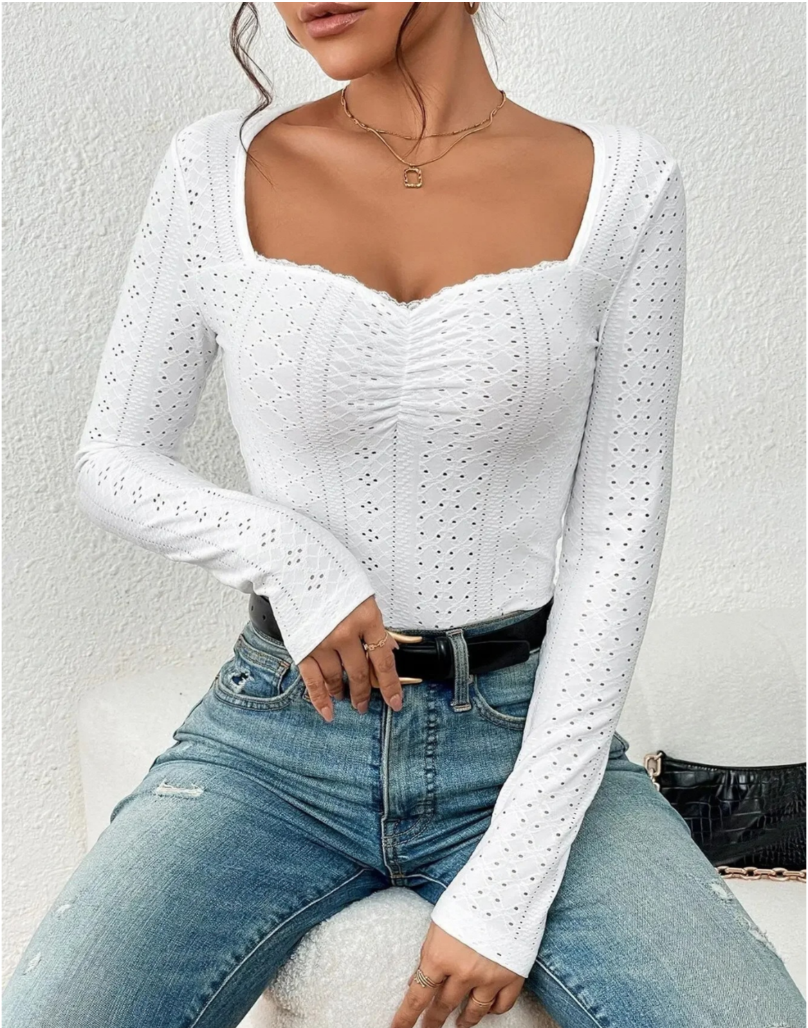 ivina | embroidered square neck top with long sleeves white