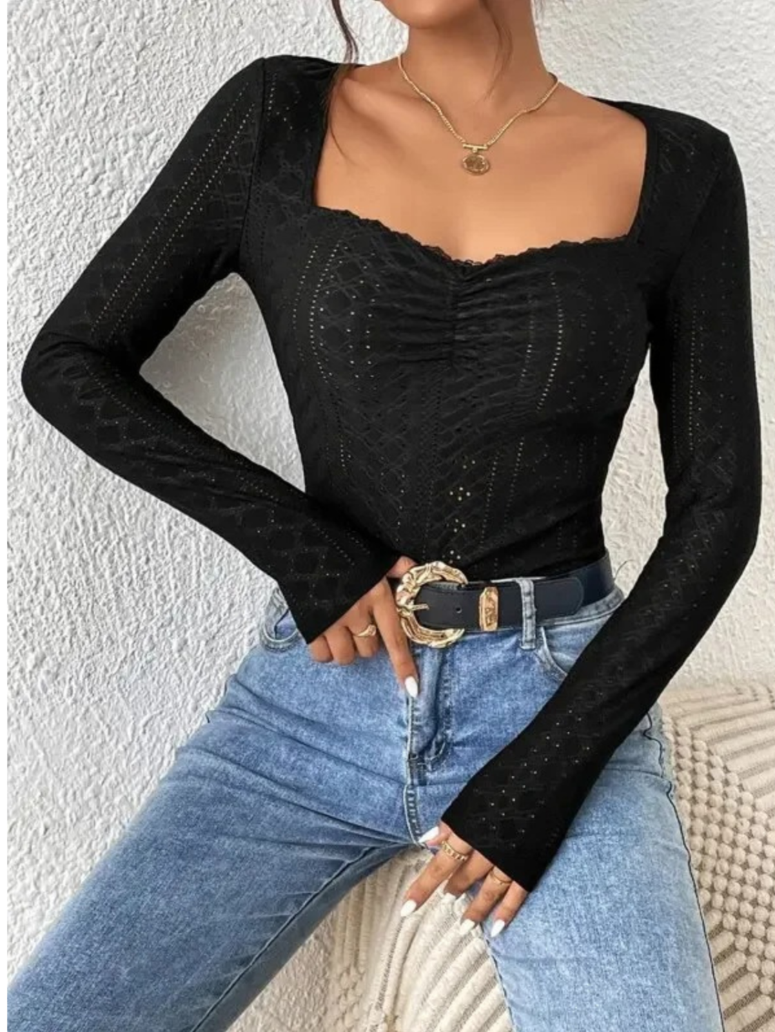 ivina | embroidered square neck top with long sleeves black