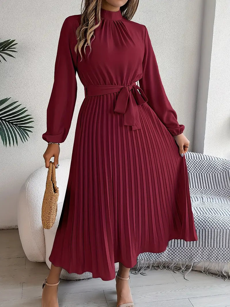 indira | long sleeve pleated belted midi dress burgundy