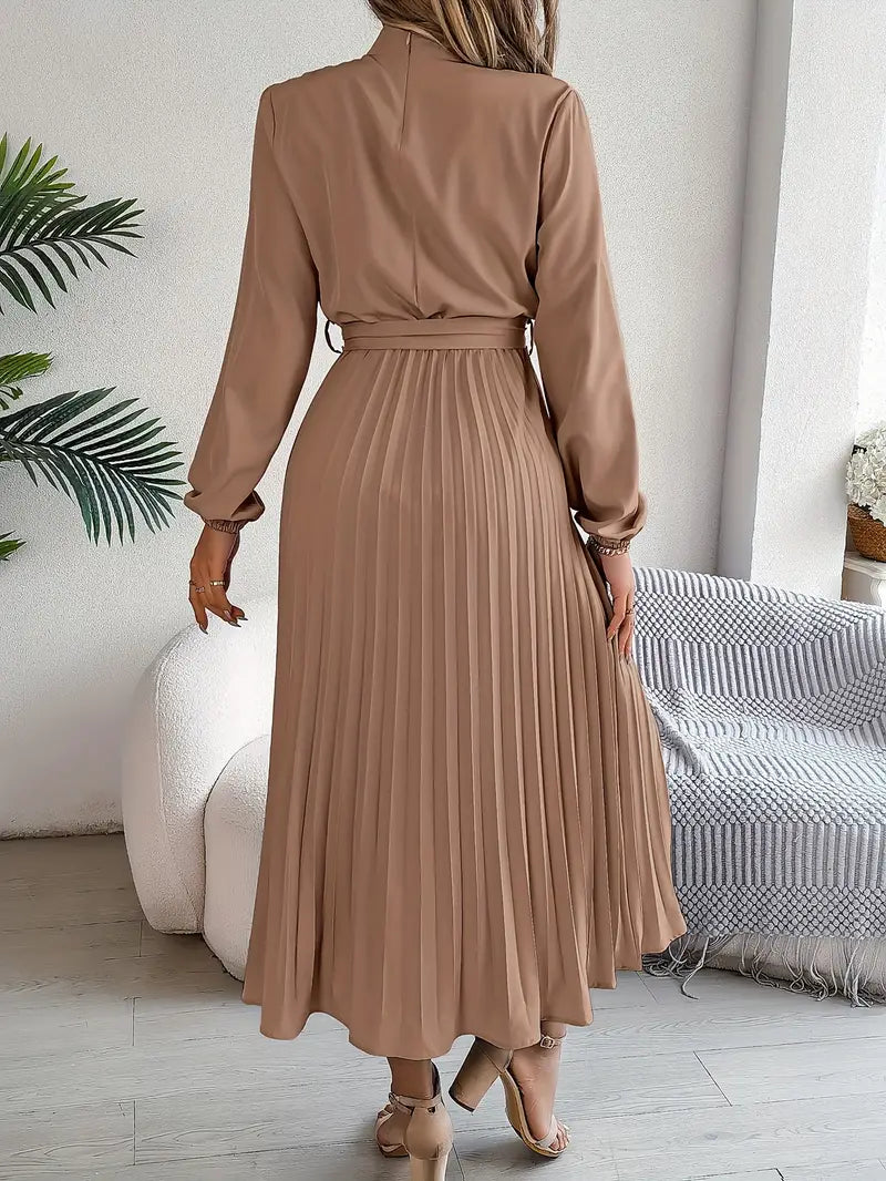 indira | long sleeve pleated belted midi dress
