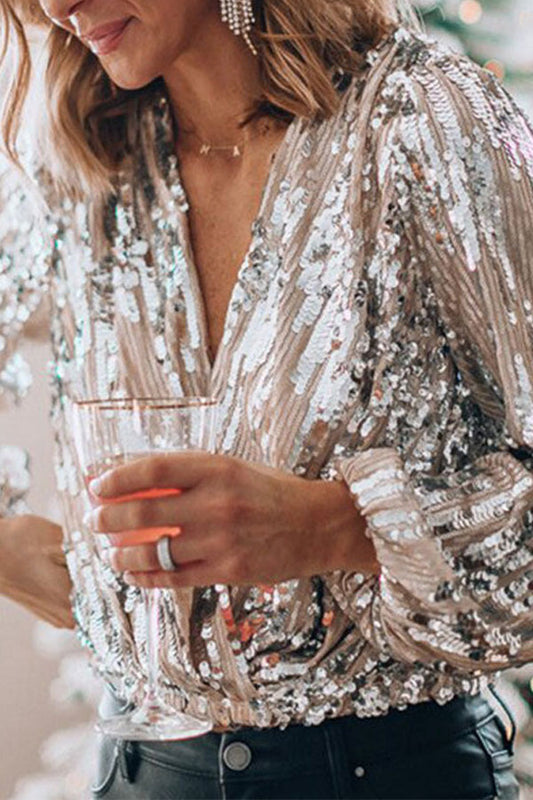 Valeria | Sequin V-Neck Blouse with Long Sleeves