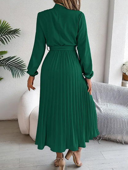 indira | long sleeve pleated belted midi dress