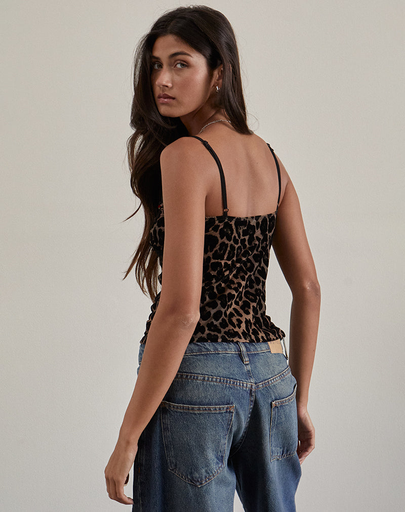 giorgine | leopard print mesh camisole with lace trim
