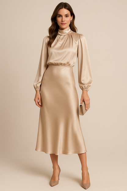 Annalise | Satin Dress with Long Sleeves and High Neck