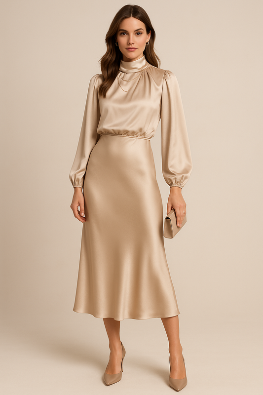 Annalise | Satin Dress with Long Sleeves and High Neck