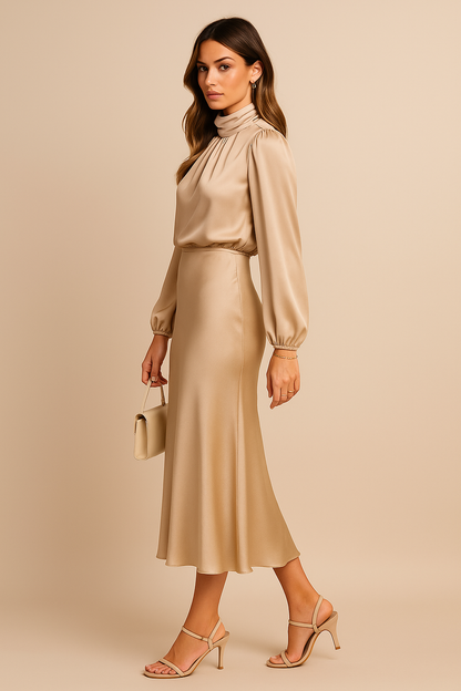 Annalise | Satin Dress with Long Sleeves and High Neck