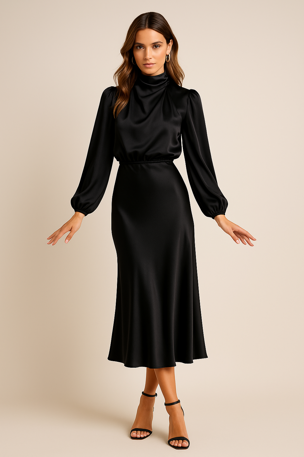 Annalise | Satin Dress with Long Sleeves and High Neck
