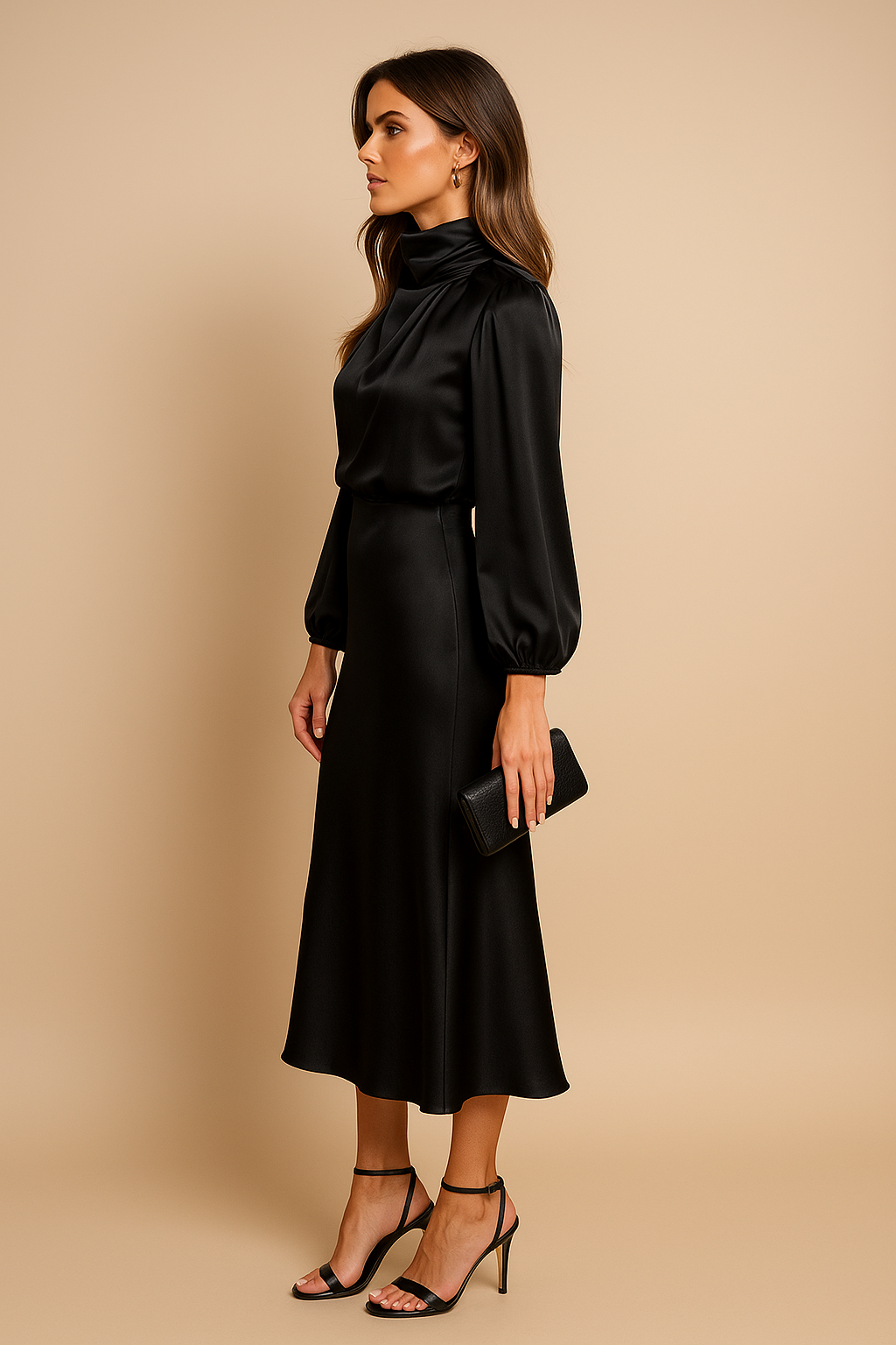 Annalise | Satin Dress with Long Sleeves and High Neck