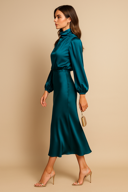 Annalise | Satin Dress with Long Sleeves and High Neck
