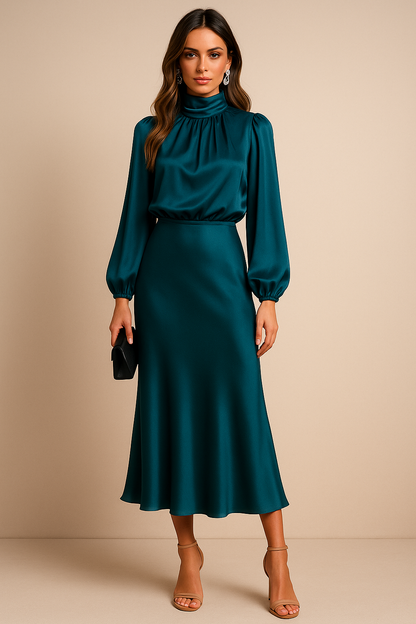 Annalise | Satin Dress with Long Sleeves and High Neck