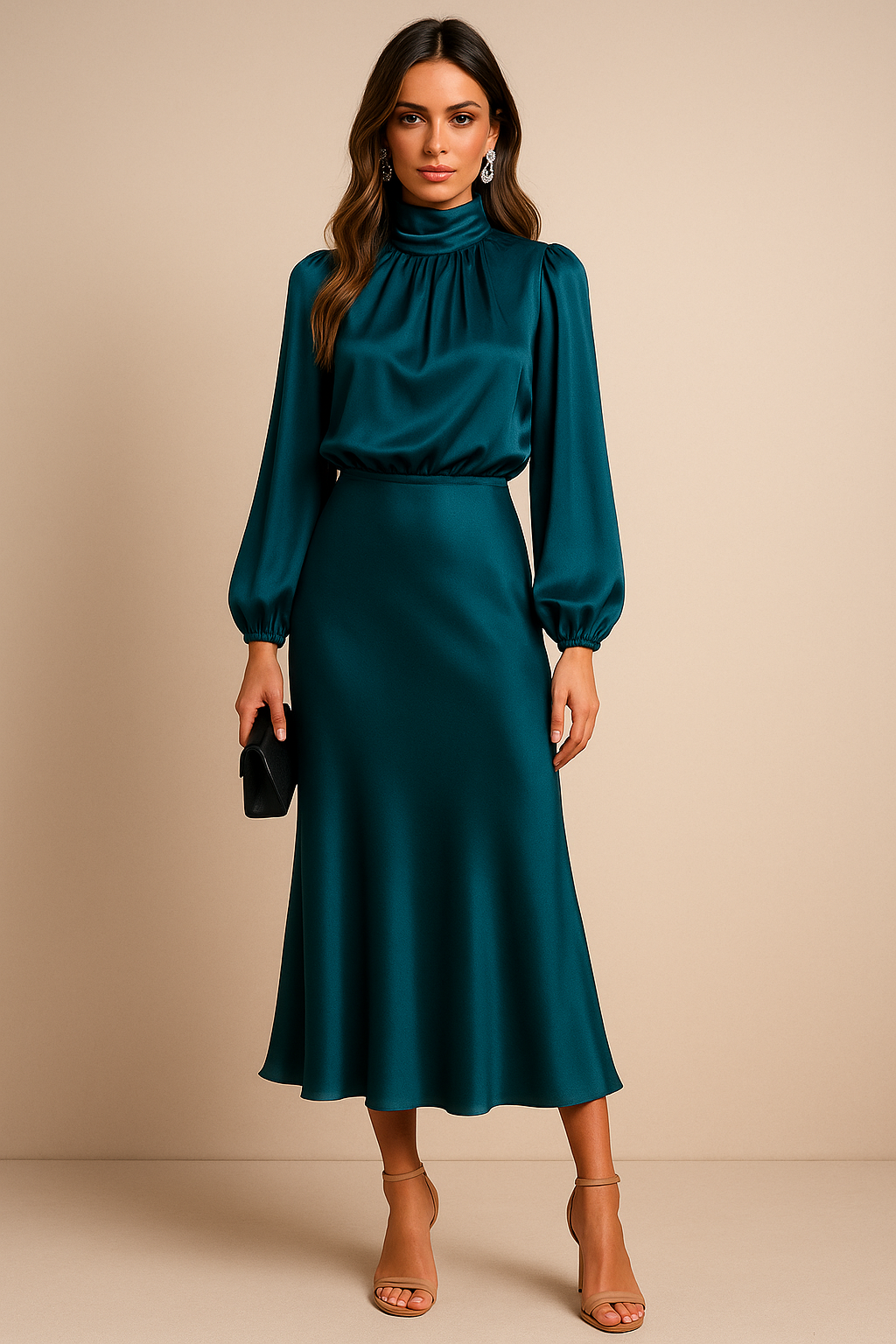 Annalise | Satin Dress with Long Sleeves and High Neck