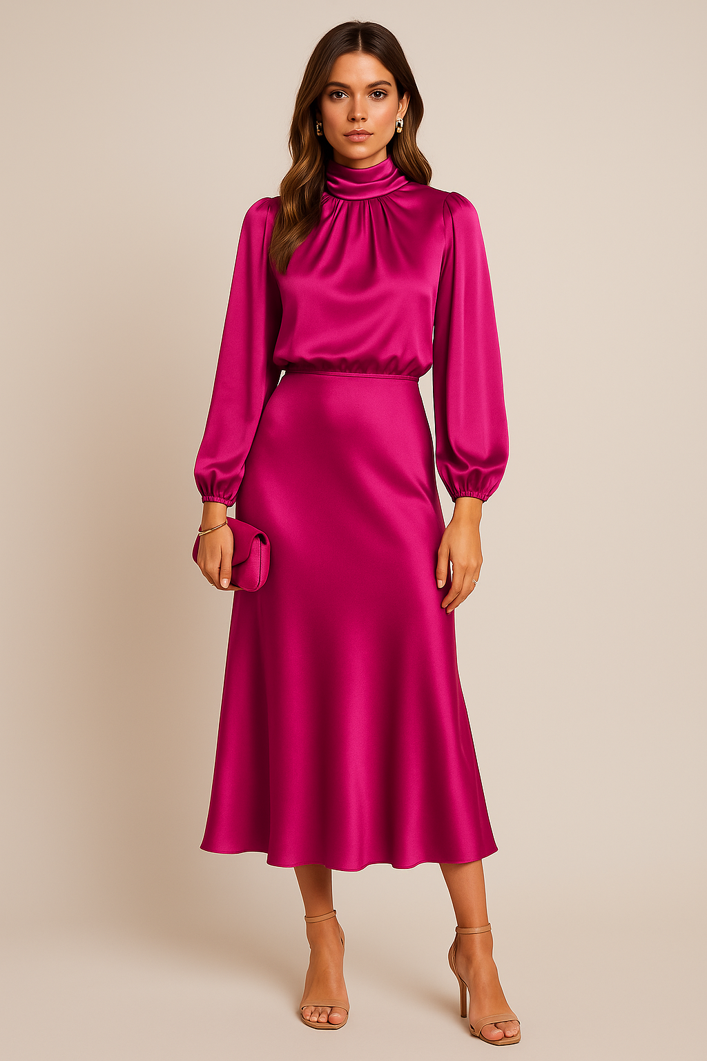 Annalise | Satin Dress with Long Sleeves and High Neck