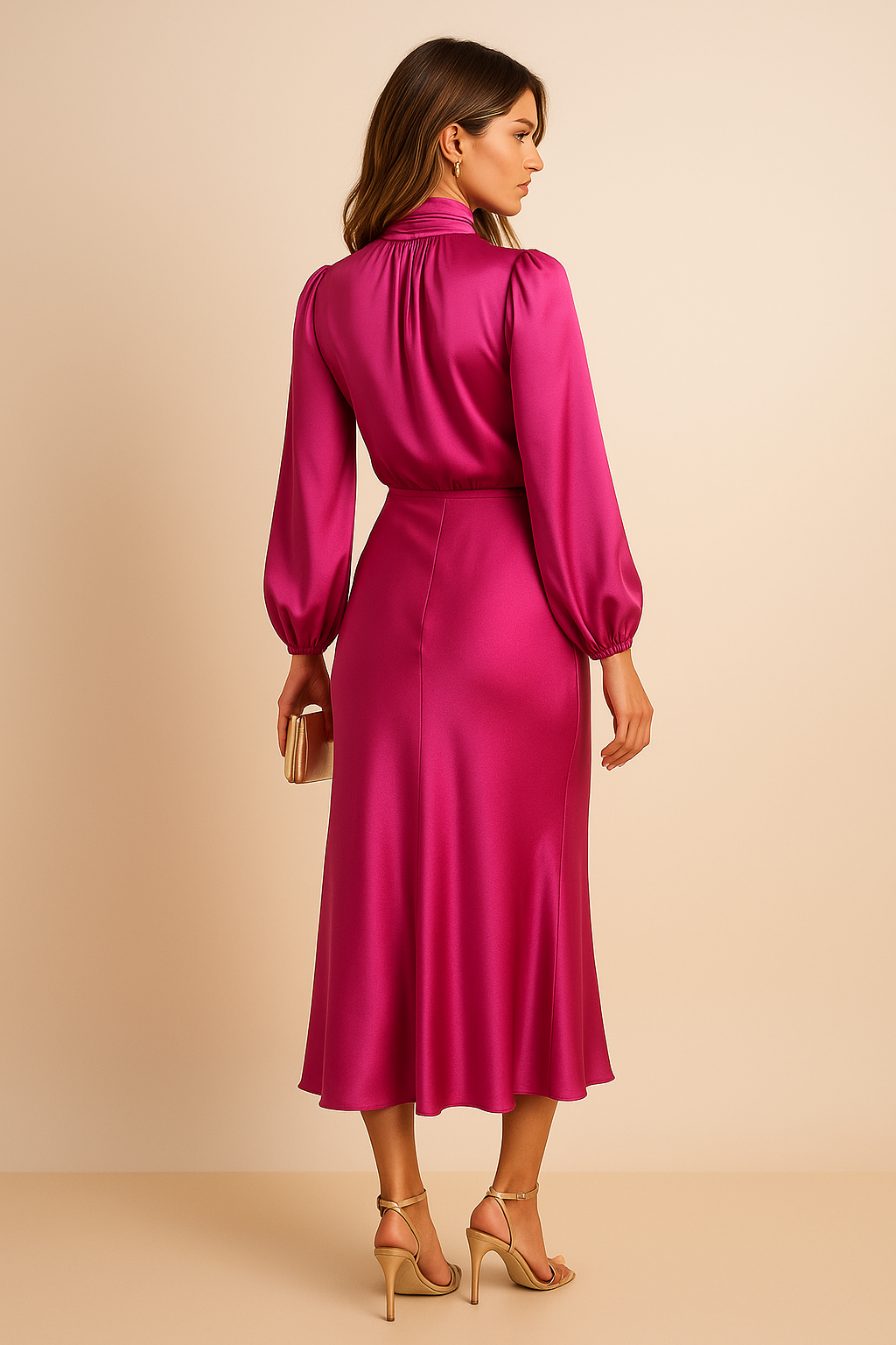 Annalise | Satin Dress with Long Sleeves and High Neck