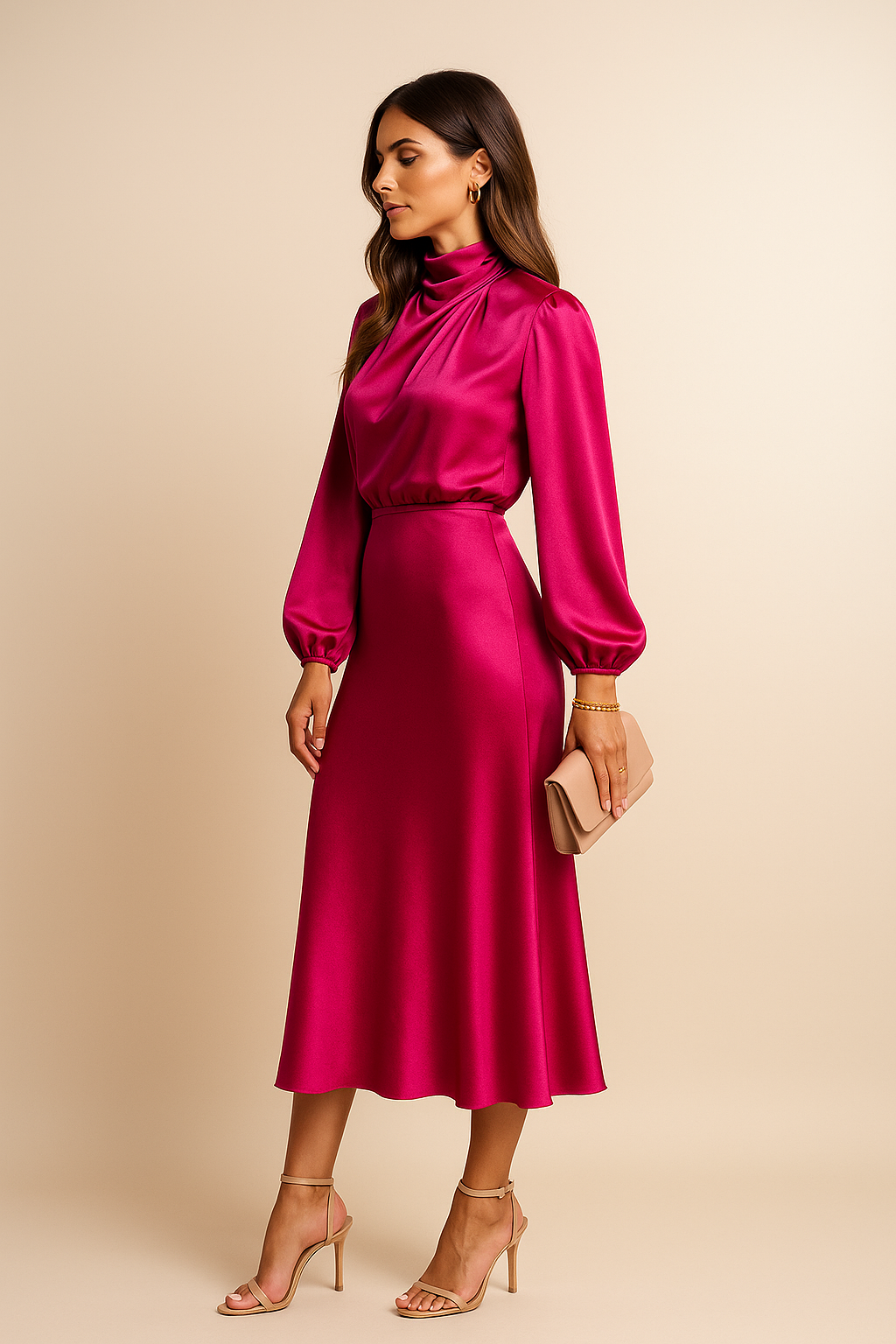 Annalise | Satin Dress with Long Sleeves and High Neck