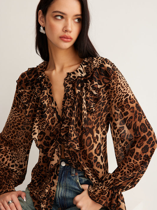 dakota | leopard ruffle neck blouse dark brown
