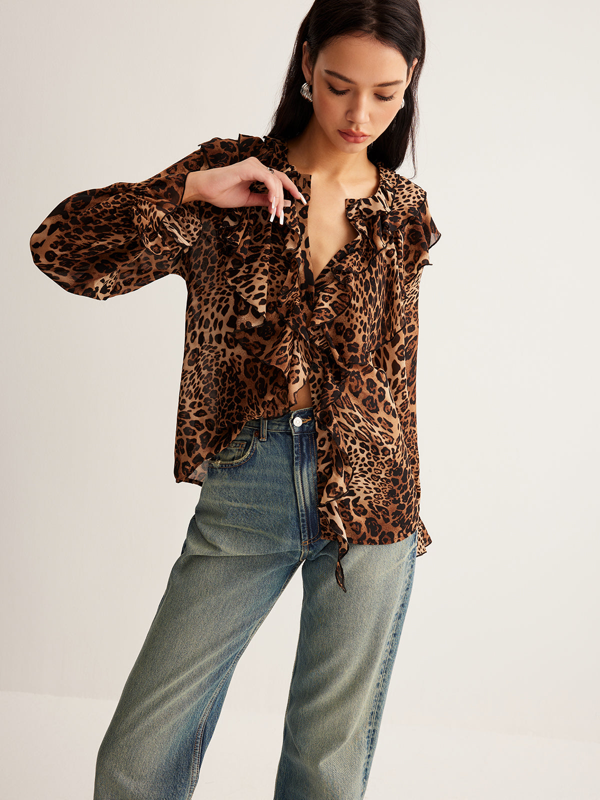 dakota | leopard ruffle neck blouse