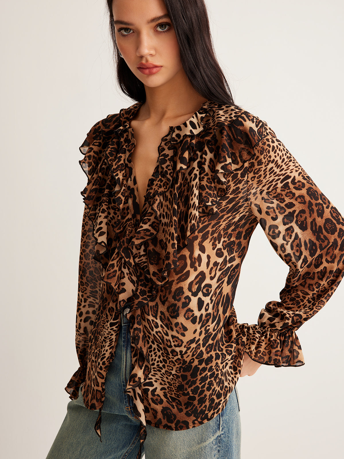 dakota | leopard ruffle neck blouse