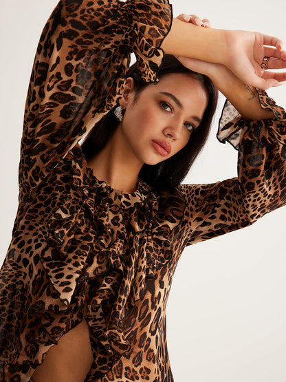 dakota | leopard ruffle neck blouse
