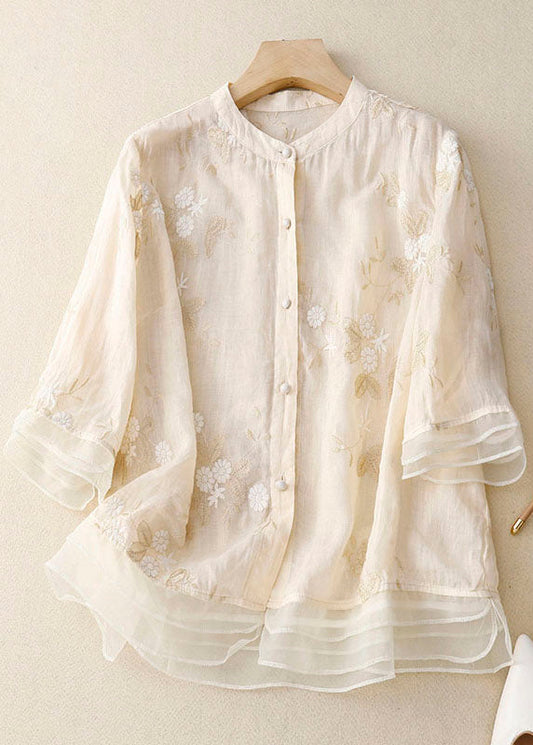 linen & bloom | floral embroidered relaxed linen blouse beige