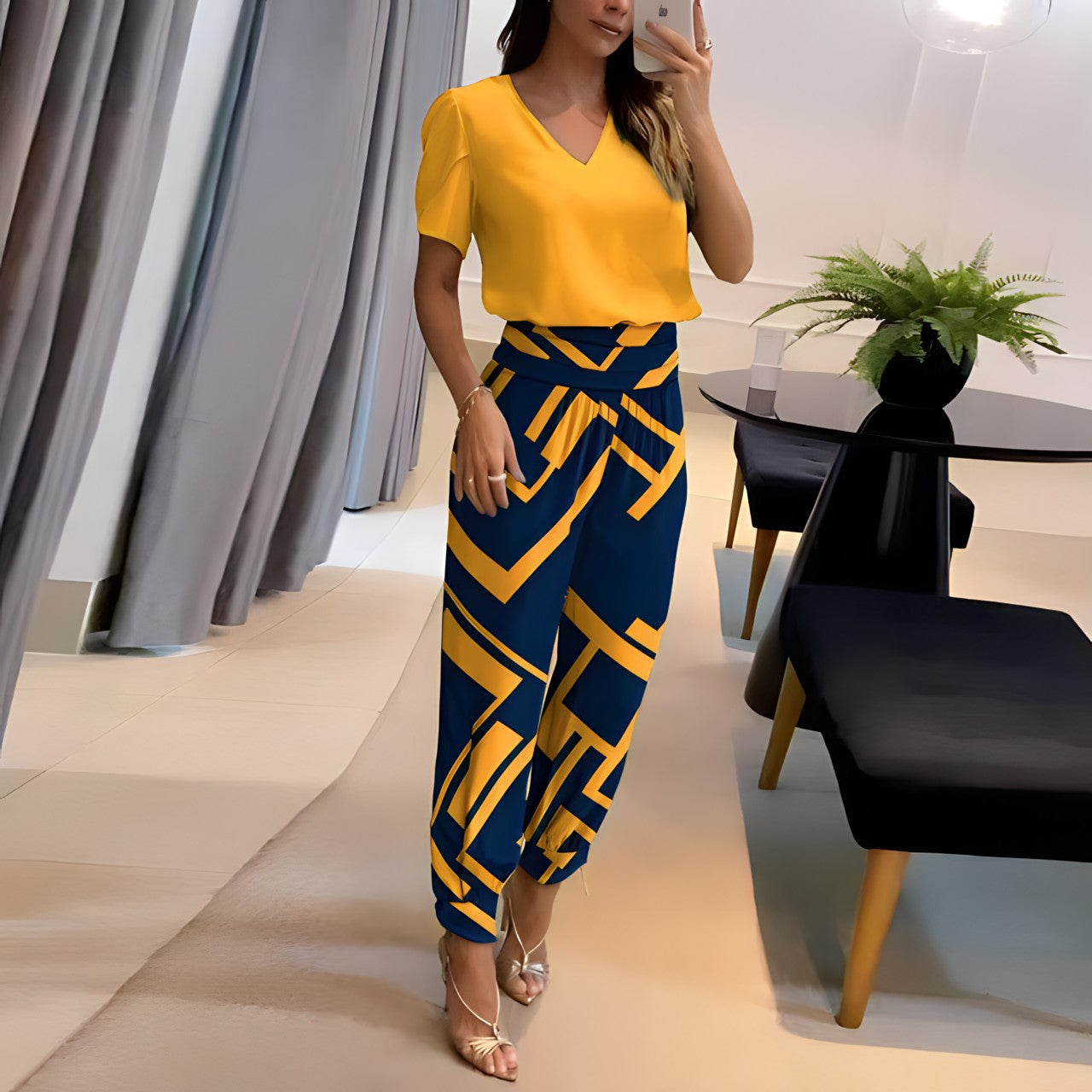 millie | relaxed shirt and trouser set yellow - blue