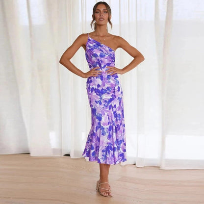 daisy | floral satin one-shoulder dress purple