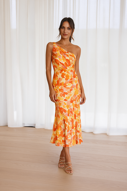 daisy | floral satin one-shoulder dress orange