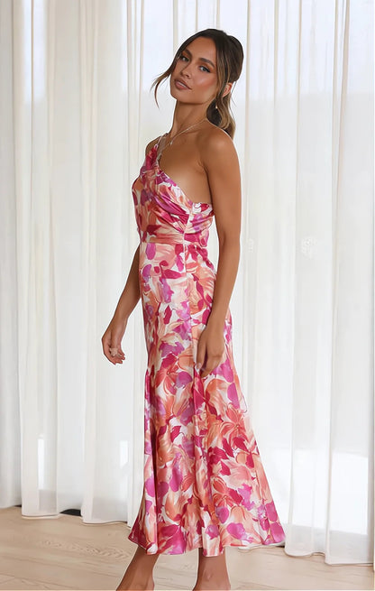 daisy | floral satin one-shoulder dress pink