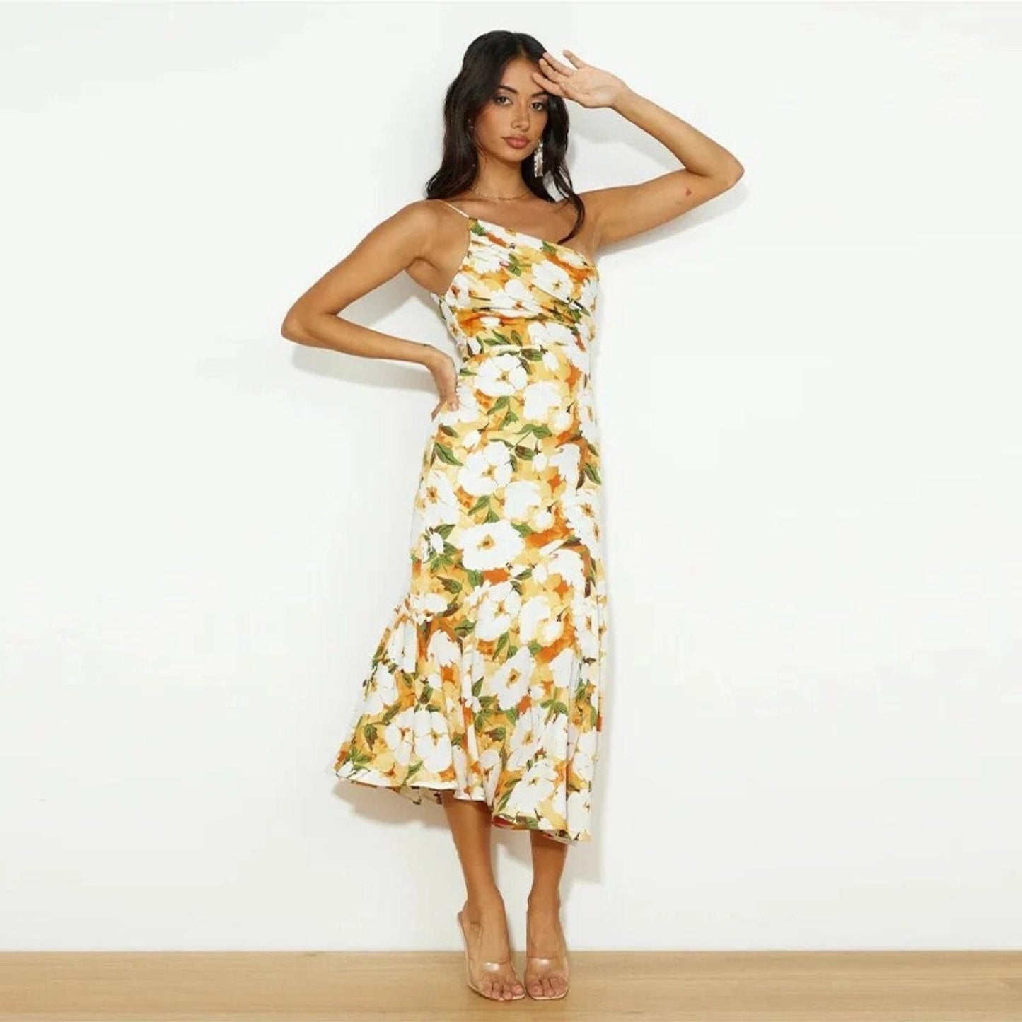 daisy | floral satin one-shoulder dress yellow