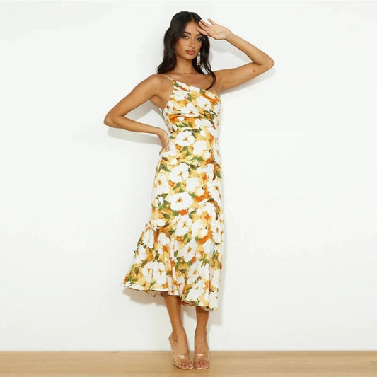 daisy | floral satin one-shoulder dress yellow