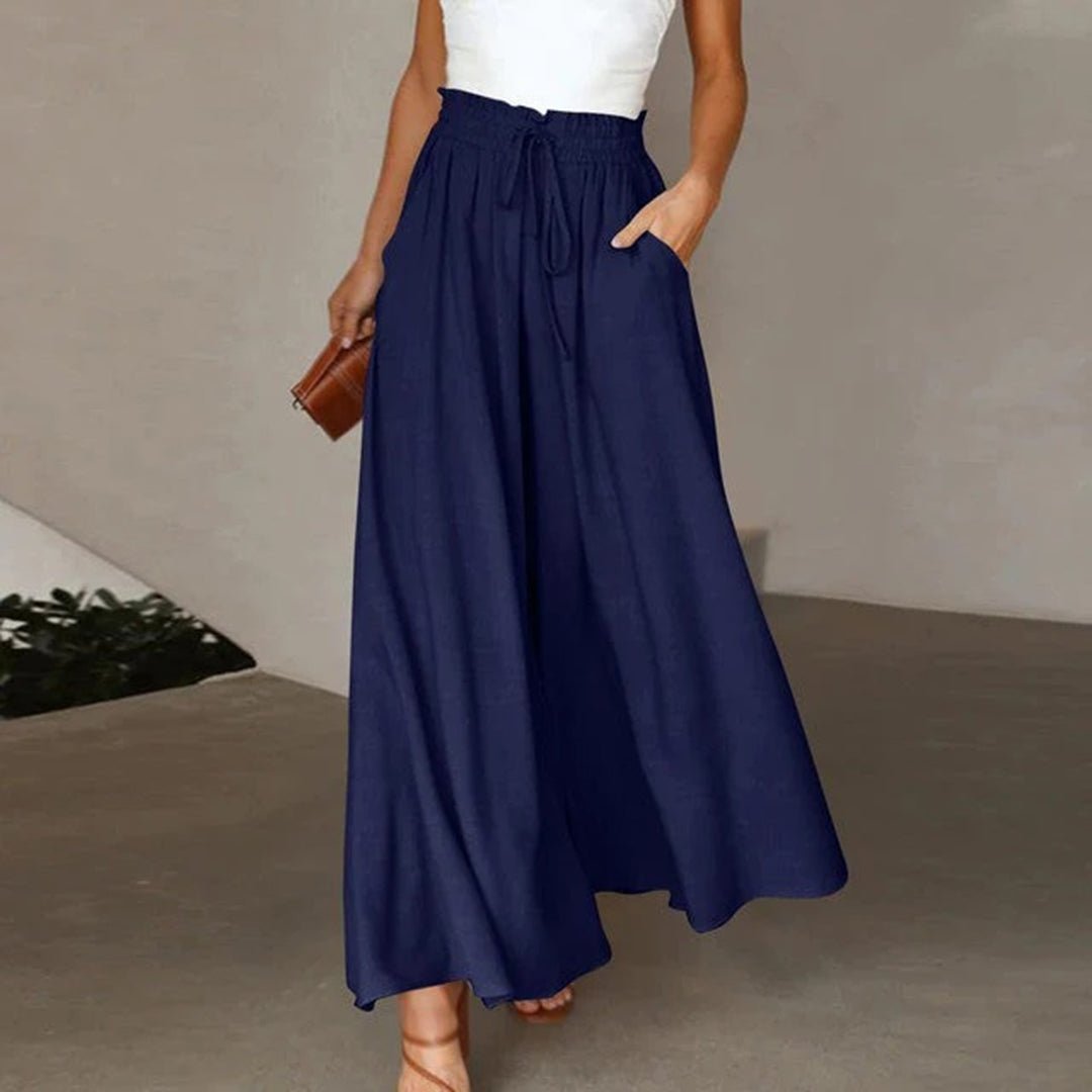 daisy | high waist wide leg pants with smocked drawstring dark blue