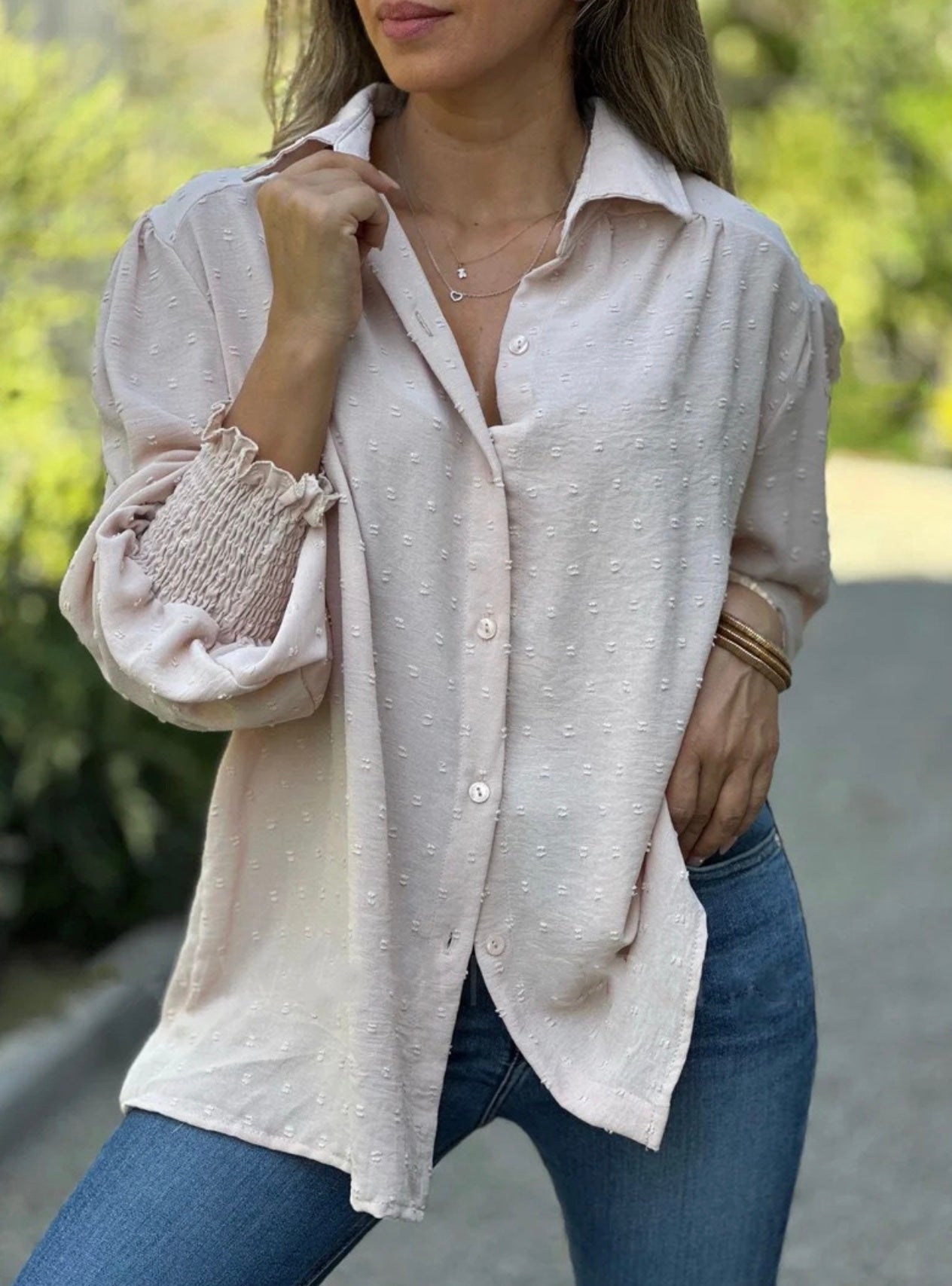 bonnie | swiss dot blouse with lantern sleeves beige