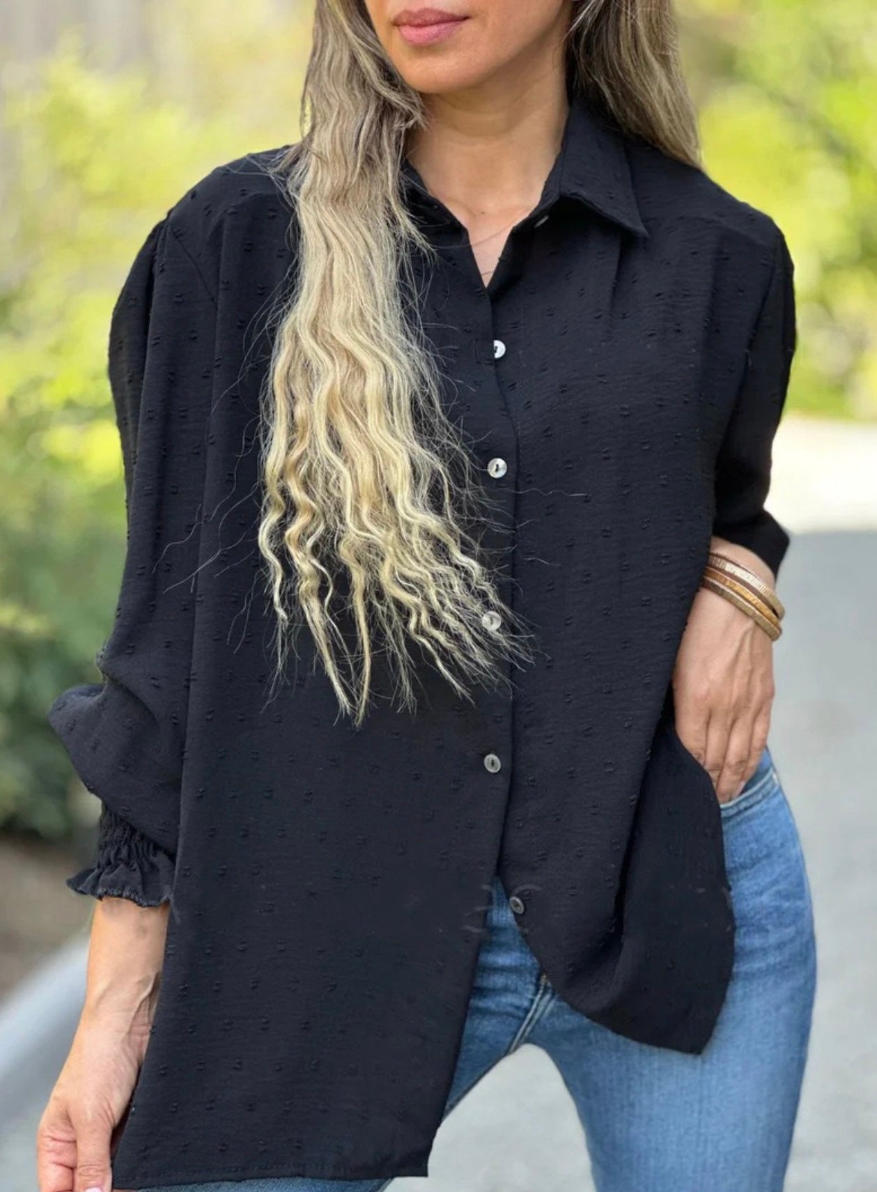bonnie | swiss dot blouse with lantern sleeves black