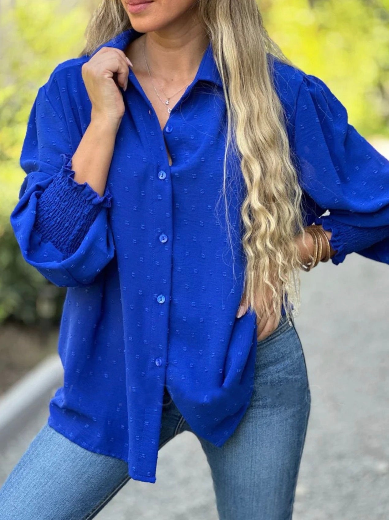 bonnie | swiss dot blouse with lantern sleeves navy
