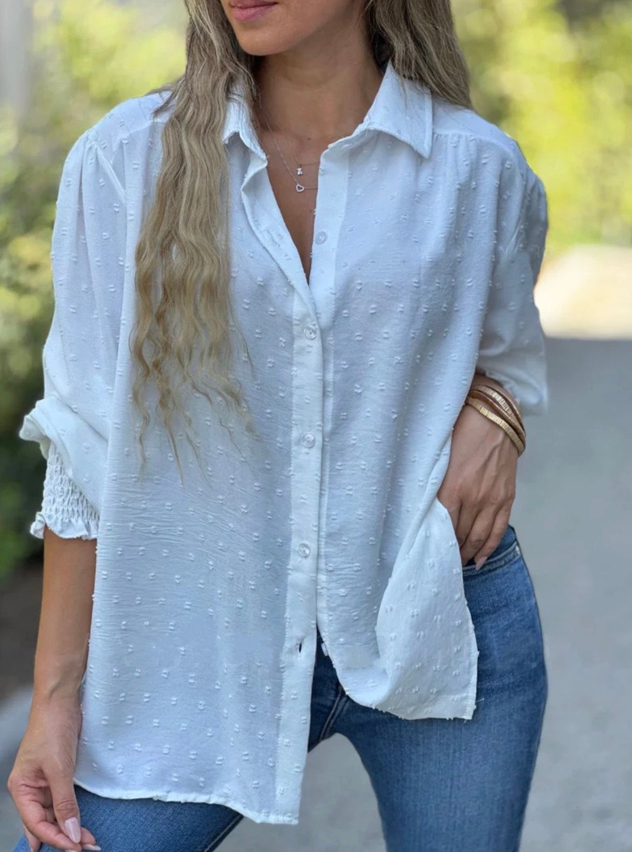 bonnie | swiss dot blouse with lantern sleeves white