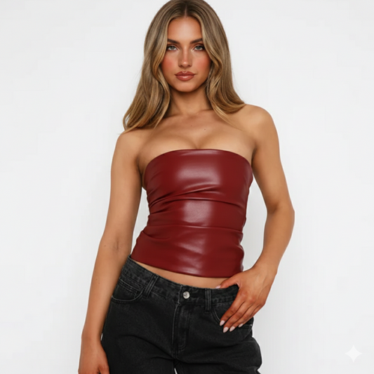 shimmer strapless top | festive metallic elegance burgundy