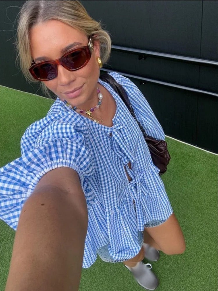 gisou puffed sleeve top with striped details blue white
