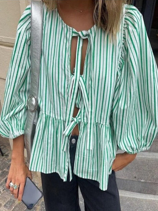 gisou puffed sleeve top with striped details green white