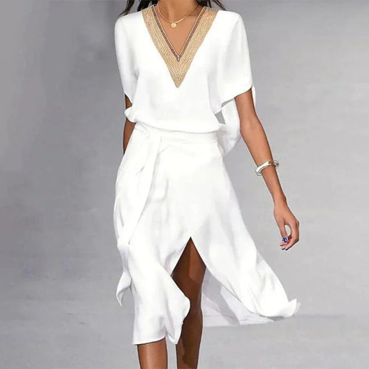 Bonnie | White Midi Dress with V-Neck