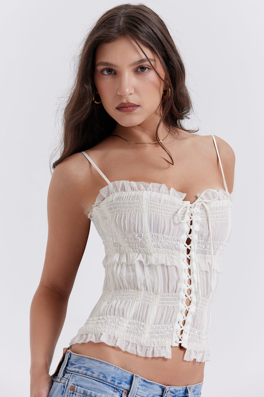 geralinde | ivory sequin corset top with adjustable lacing