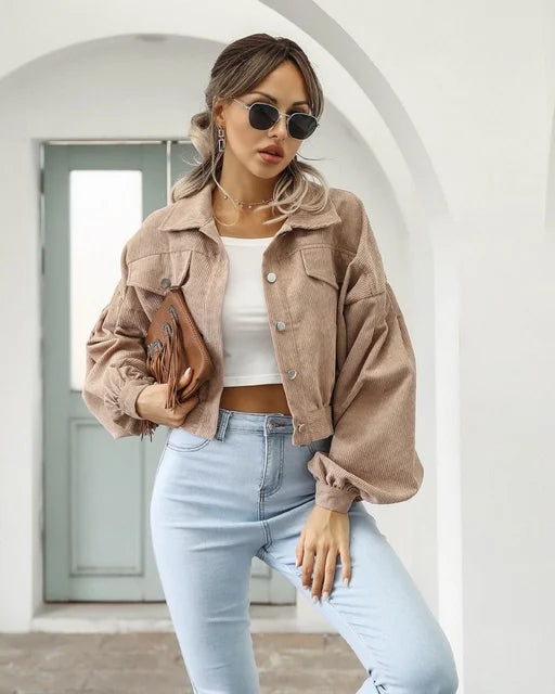 daisy | corduroy cropped bomber jacket with lantern sleeves khaki
