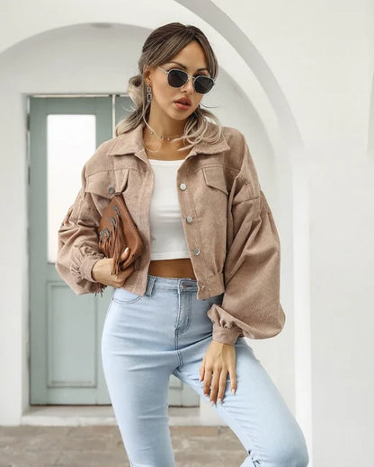 daisy | corduroy cropped bomber jacket with lantern sleeves khaki