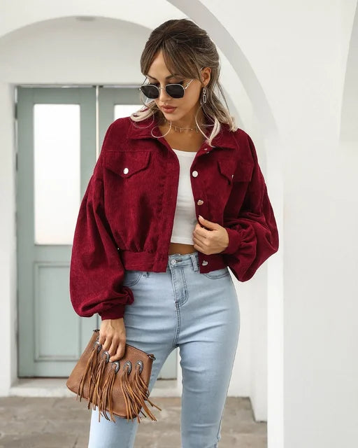 daisy | corduroy cropped bomber jacket with lantern sleeves burgundy