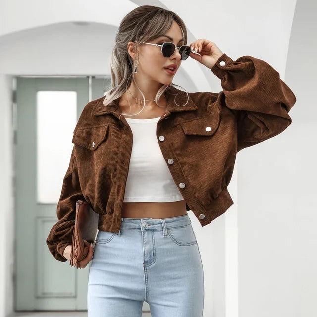 daisy | corduroy cropped bomber jacket with lantern sleeves brown